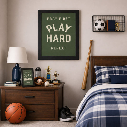Pray First Play Hard Repeat Wall Art – Faith Inspired Sports Decor for Athletes, Motivational Framed Wall Art (SB202)