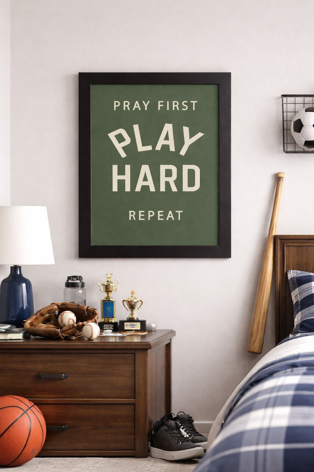 Pray First Play Hard Repeat Wall Art – Faith Inspired Sports Decor for Athletes, Motivational Framed Wall Art (SB202)